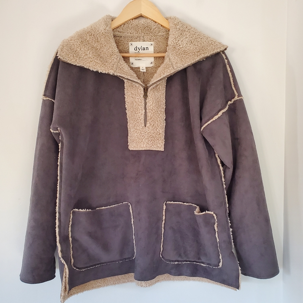 DYLAN S Gray Quarter Zip Pullover Top Cream Faux Sherpa Patch Pockets Boho Ranch